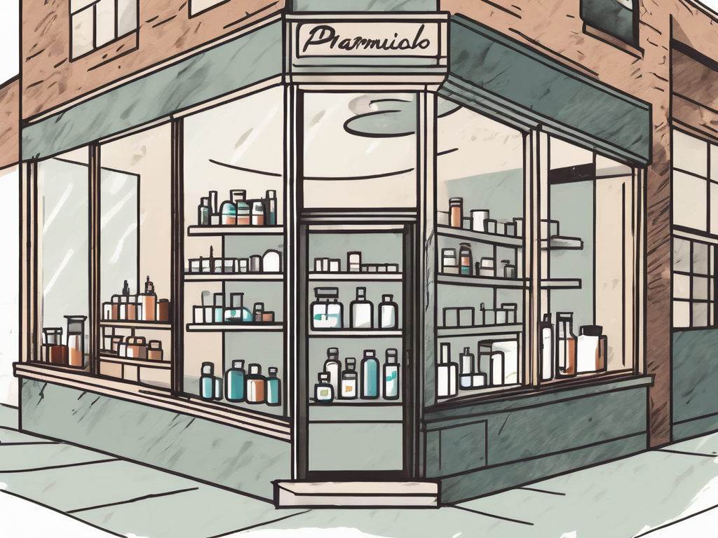 a Corpus Christi Pharmacy building with a visible window displaying various medical tools and medications, symbolizing compounding services, hand-drawn abstract illustration for a company blog, white background, professional, minimalist, clean lines, faded colors