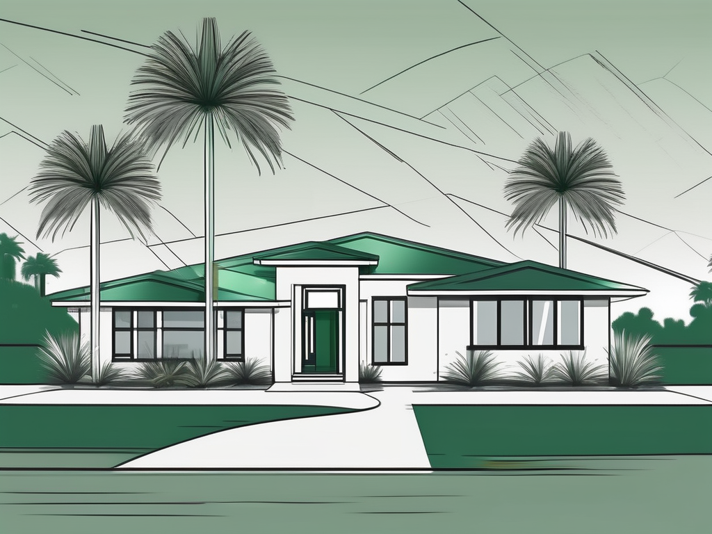 a well-organized, clean house with a sparkling finish, situated in Orlando, Florida, surrounded by palm trees and a sunny sky, hand-drawn abstract illustration for a company blog, white background, professional, minimalist, clean lines, forest green and gray