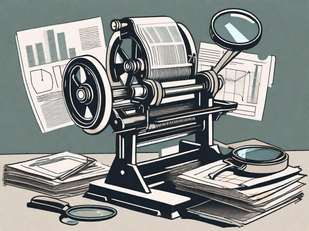 a printing press with various annual reports coming out of it, surrounded by magnifying glasses and calculators, symbolizing cost considerations and data interpretation tools, hand-drawn abstract illustration for a company blog, white background, professional, minimalist, clean lines, faded colors