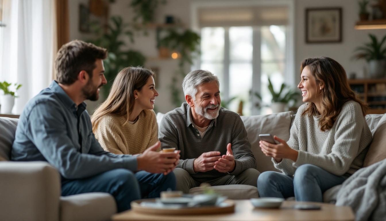 Familiemedlemmer i et familieselskap som ler og har en hyggelig stemning i en sofa.