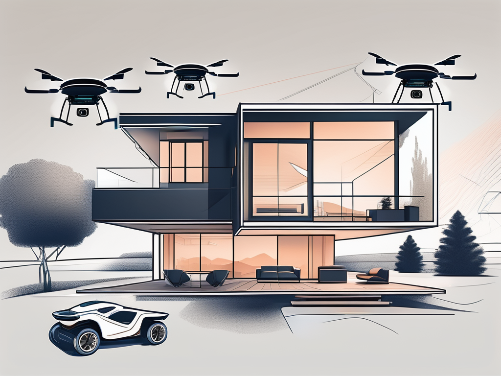 a modern house with a drone hovering above it, capturing images, and a virtual reality headset nearby, symbolizing the use of advanced technology in real estate, hand-drawn abstract illustration for a company blog, white background, professional, minimalist, clean lines, faded colors