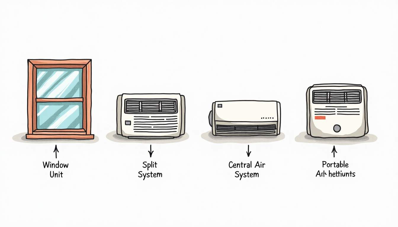 Draw an illustration of various types of air conditioning systems, including a window unit, a split system, a central air system, and a portable air conditioner, arranged in a visually appealing layout with labeled arrows pointing to each type, hand-drawn abstract illustration for a company blog, white background, professional, minimalist, clean lines, faded colors