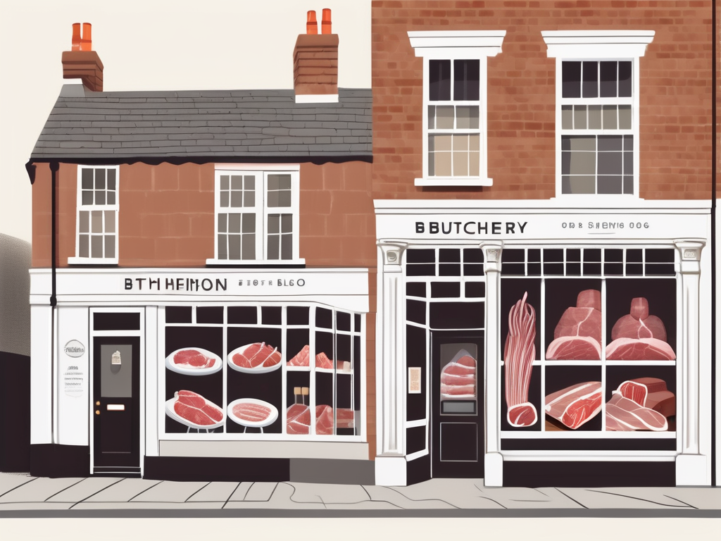 a traditional British town with various buildings, prominently featuring a charming, old-fashioned butchery shop with display windows full of various cuts of meat, hand-drawn abstract illustration for a company blog, white background, professional, minimalist, clean lines, faded colors