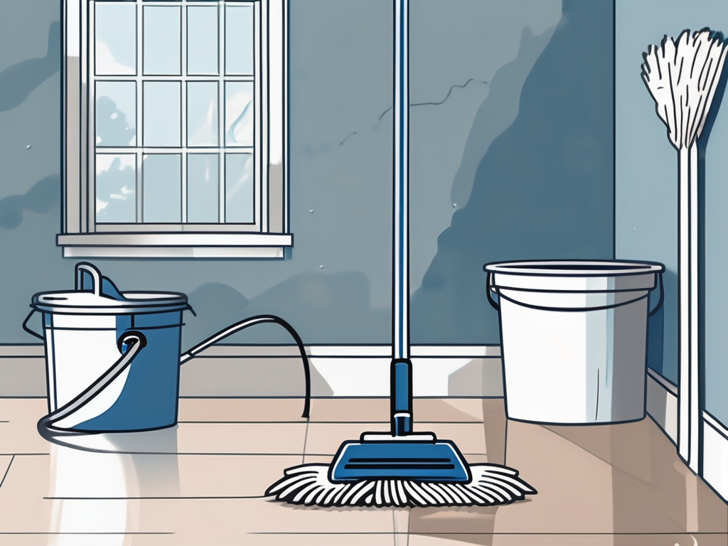 a pristine, sparkling clean house nestled in the scenic landscape of Mount Airy, MD, with cleaning tools like a mop, bucket, and vacuum cleaner subtly placed in the foreground, hand-drawn abstract illustration for a company blog, white background, professional, minimalist, clean lines, deep blue and slate