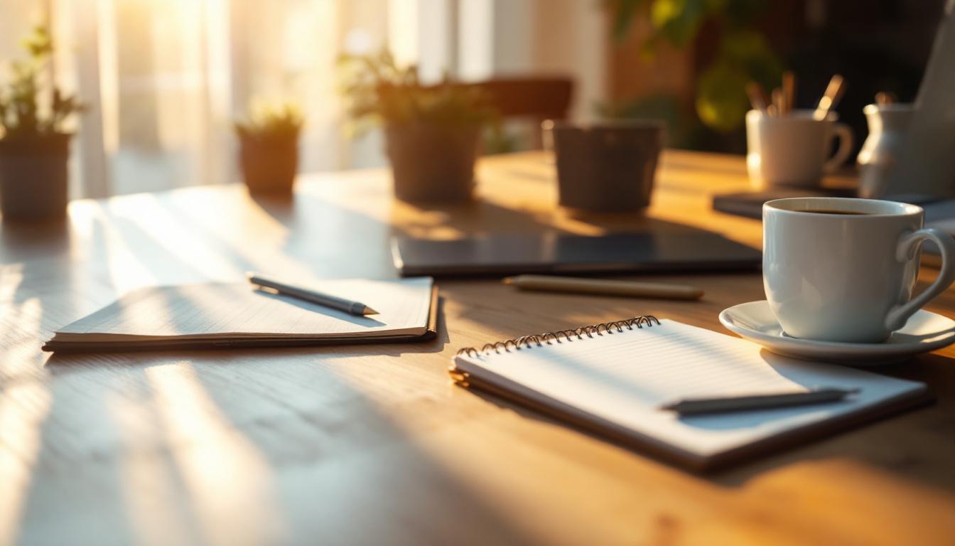 Sollys som treffer et møtebord med notatbøker, penner og en kaffekopp – et rolig og profesjonelt miljø som understøtter prosessen med å vurdere og analysere bedrifter til salgs.