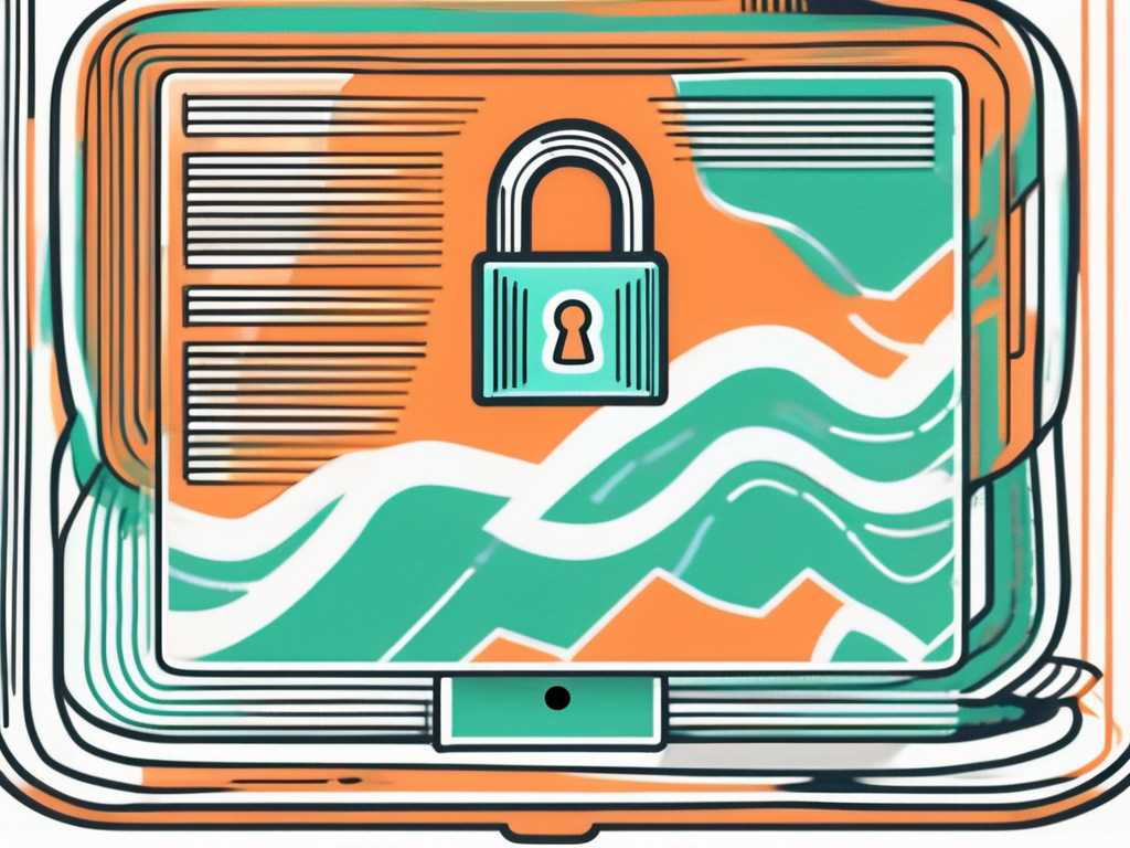 a MacBook with a PDF file on the screen, accentuated with a large, stylized padlock symbol overlaying it, hand-drawn abstract illustration for a company blog, white background, professional, minimalist, clean lines, pastel orange and turquoise