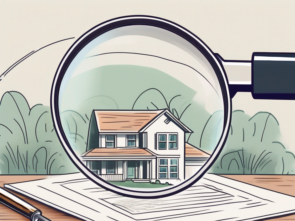 a house with a sold sign in the front yard, a magnifying glass hovering over a contract on a table, and a set of keys, hand-drawn abstract illustration for a company blog, white background, professional, minimalist, clean lines, faded colors