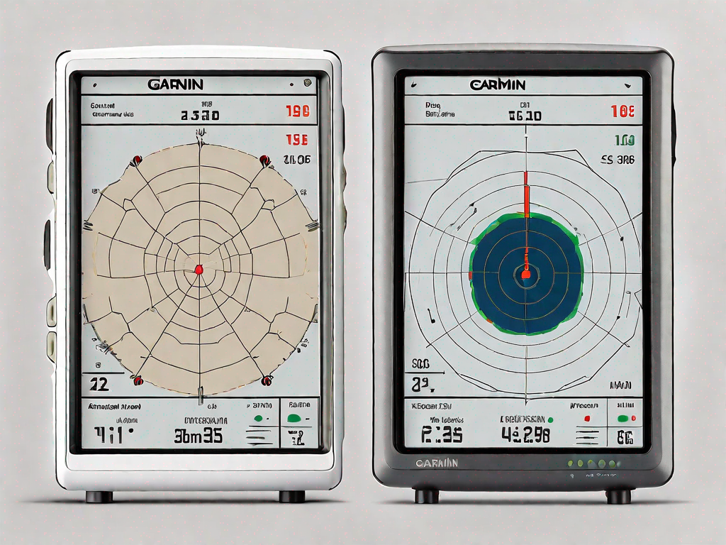 the Garmin Fantom 18 and 24 radar devices side by side, highlighting their key features in a comparison style, hand-drawn abstract illustration for a company blog, white background, professional, minimalist, clean lines, faded colors