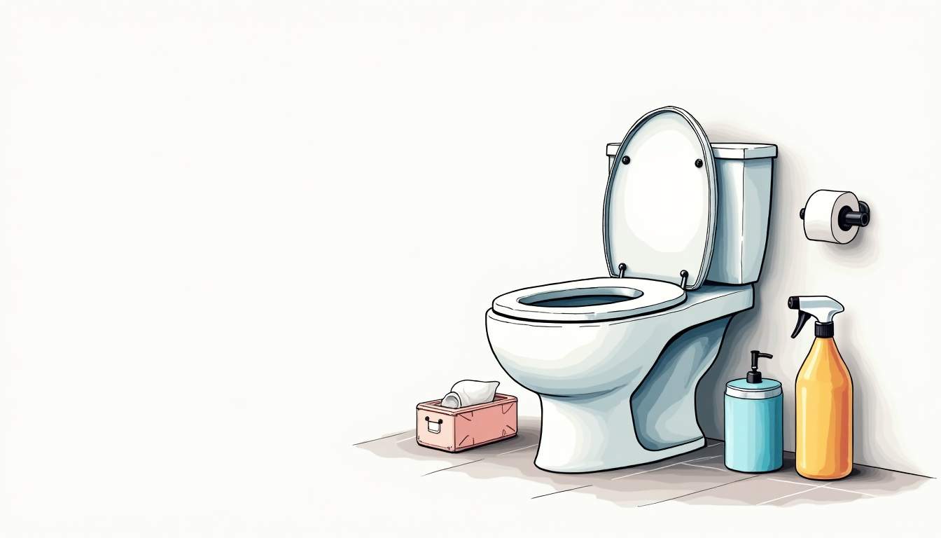 a clean and modern bathroom scene featuring a toilet with a fresh, hygienic toilet seat cover being placed on it, surrounded by essential cleaning supplies and a roll of toilet paper for a tidy and inviting look, hand-drawn abstract illustration for a company blog, white background, professional, minimalist, clean lines, faded colors