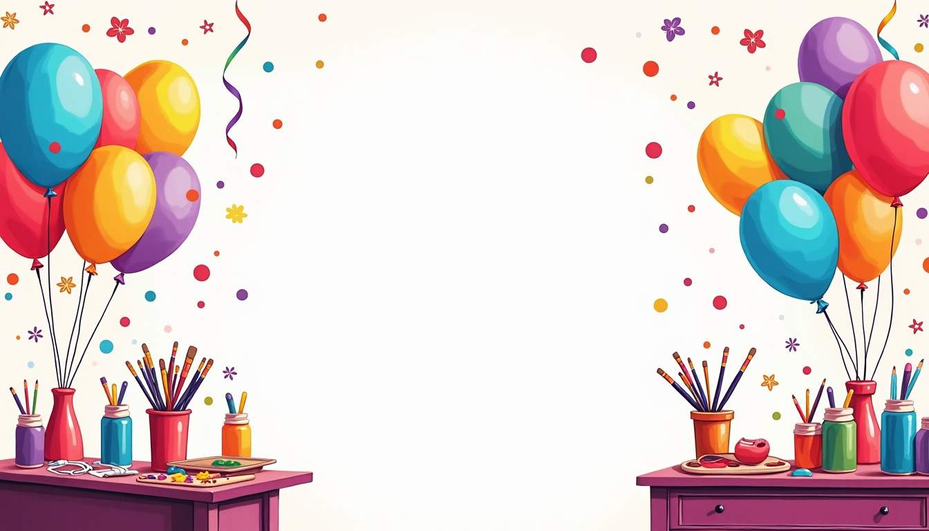a vibrant party scene featuring an array of colorful balloons, a whimsical face paint station with brushes and palettes, and an assortment of festive decorations like streamers and confetti scattered around, hand-drawn abstract illustration for a company blog, white background, professional, minimalist, clean lines, faded colors
