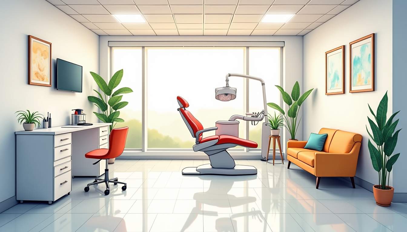 a welcoming dental clinic interior, featuring comfortable waiting areas, dental tools, and a bright, inviting atmosphere that conveys a sense of trust and professionalism in dental care, hand-drawn abstract illustration for a company blog, white background, professional, minimalist, clean lines, faded colors