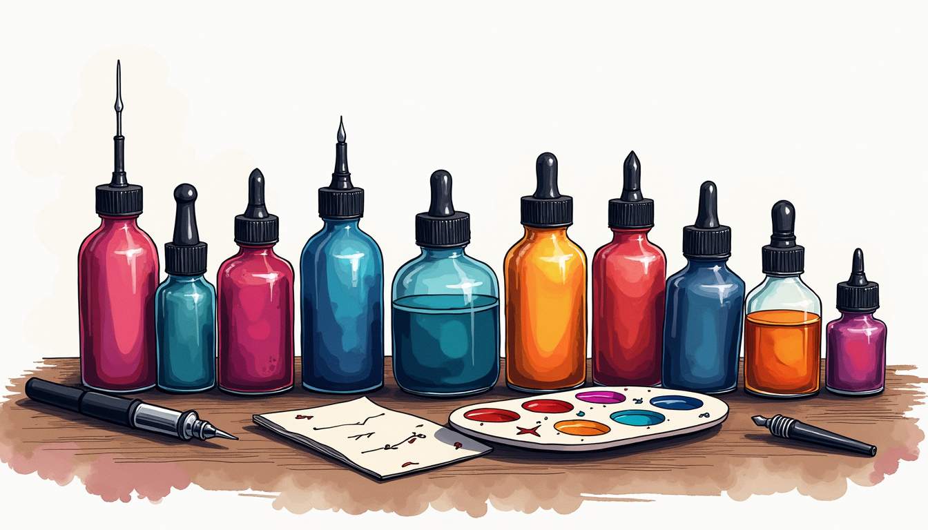 an assortment of vibrant tattoo ink bottles in various shapes and sizes, arranged artistically on a wooden artist's table alongside tattoo needles, ink caps, and a palette of colorful ink swatches, to capture the essence of a tattoo artist's workspace, hand-drawn abstract illustration for a company blog, white background, professional, minimalist, clean lines, faded colors