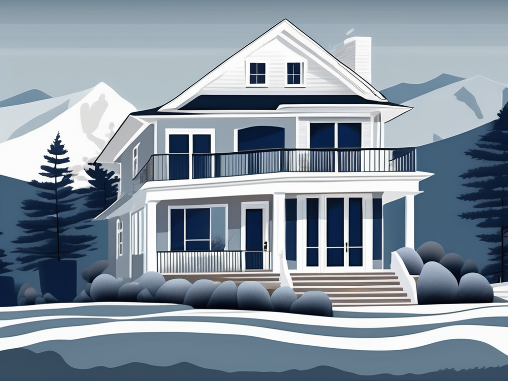a pristine, sparkling home in the Mount Airy region, with cleaning tools like a mop, broom, and bucket nearby, and a backdrop of the distinctive landscape of Mount Airy, hand-drawn abstract illustration for a company blog, white background, professional, minimalist, clean lines, deep blue and slate