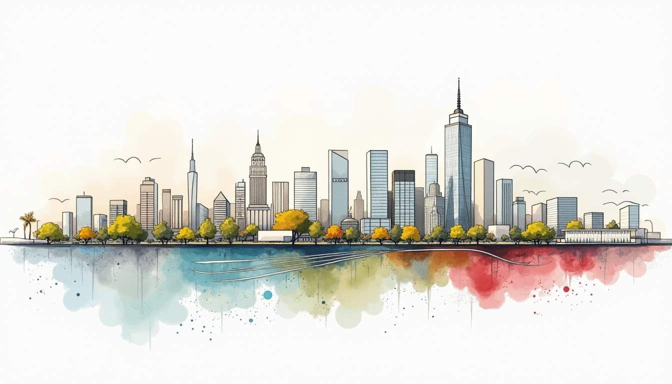 an abstract cityscape that visually represents the relationship between site context and planning policy, incorporating elements like zoning maps, architectural blueprints, and natural landscapes to highlight how these factors influence design outcomes, hand-drawn abstract illustration for a company blog, white background, professional, minimalist, clean lines, faded colors