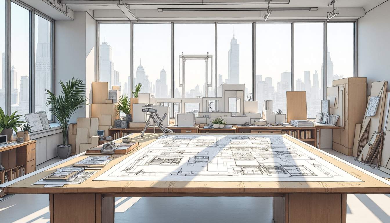 an intricate architectural workspace featuring a large drafting table covered with blueprints, sketches, and design tools, surrounded by a variety of architectural models and materials, all set against a backdrop of large windows that allow natural light to illuminate the creative environment, hand-drawn abstract illustration for a company blog, white background, professional, minimalist, clean lines, faded colors