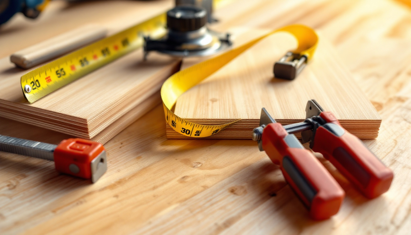 Pieces of wood and construction tools