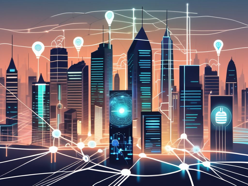 a futuristic cityscape with various businesses represented, each with a glowing mobile device floating above them, and a network of digital lines connecting them to a central, larger glowing AI icon, hand-drawn abstract illustration for a company blog, white background, professional, minimalist, clean lines, faded colors