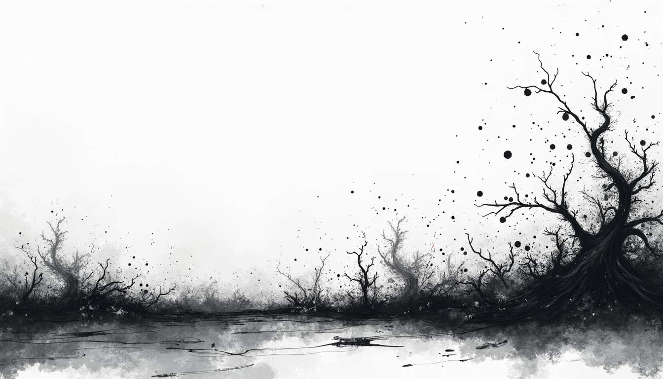 a close-up view of black mold growing on a damp surface, with swirling air currents to visually represent its distinct, musty odor emanating from the mold, hand-drawn abstract illustration for a company blog, white background, professional, minimalist, clean lines, #004c4c colour scheme