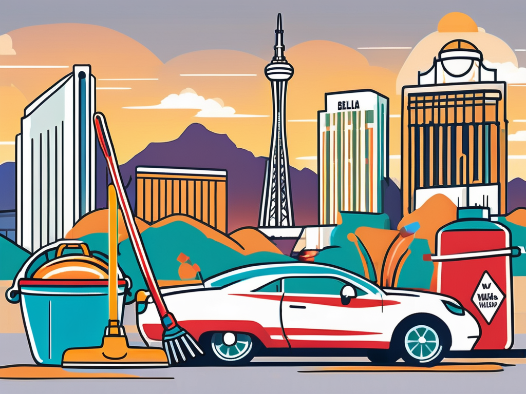 a variety of cleaning supplies, such as a mop, broom, vacuum cleaner, and bucket, in front of a stylized, simplified backdrop of Las Vegas landmarks like the Stratosphere, Bellagio Fountains, and the Las Vegas sign, to represent residential cleaning in Las Vegas NV, hand-drawn abstract illustration for a company blog, white background, professional, minimalist, clean lines, navy blue and burnt orange