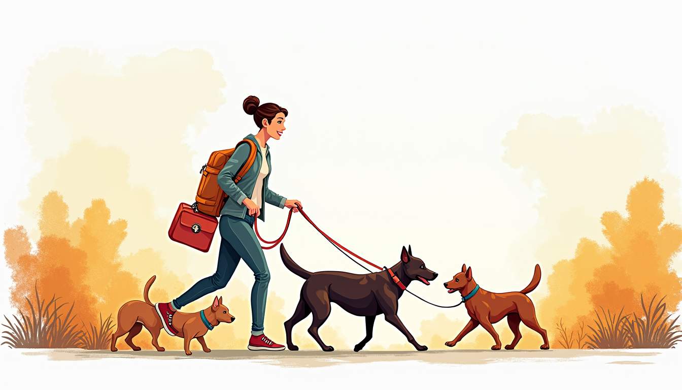 a professional dog walker guiding a group of happy, well-behaved dogs on leashes through a vibrant park setting, showcasing safety measures like reflective vests, a first aid kit, and doggie waste bags, hand-drawn abstract illustration for a company blog, white background, professional, minimalist, clean lines, faded colors