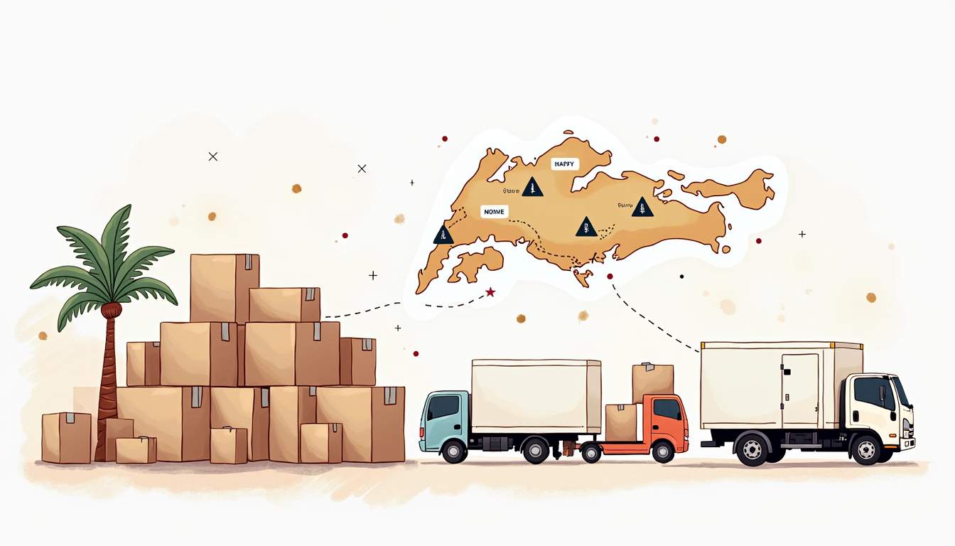 an array of moving boxes, packing supplies, and a map of Singapore, with icons representing different moving services, such as trucks and storage units, to visually convey the process of choosing the right moving service, hand-drawn abstract illustration for a company blog, white background, professional, minimalist, clean lines, faded colors