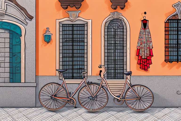 a bicycle leaning against a traditional Spanish architecture backdrop, with a flamenco dress draped over the seat and a pair of castanets hanging from the handlebar, hand-drawn abstract illustration for a company blog, in style of corporate memphis, faded colors, white background, professional, minimalist, clean lines
