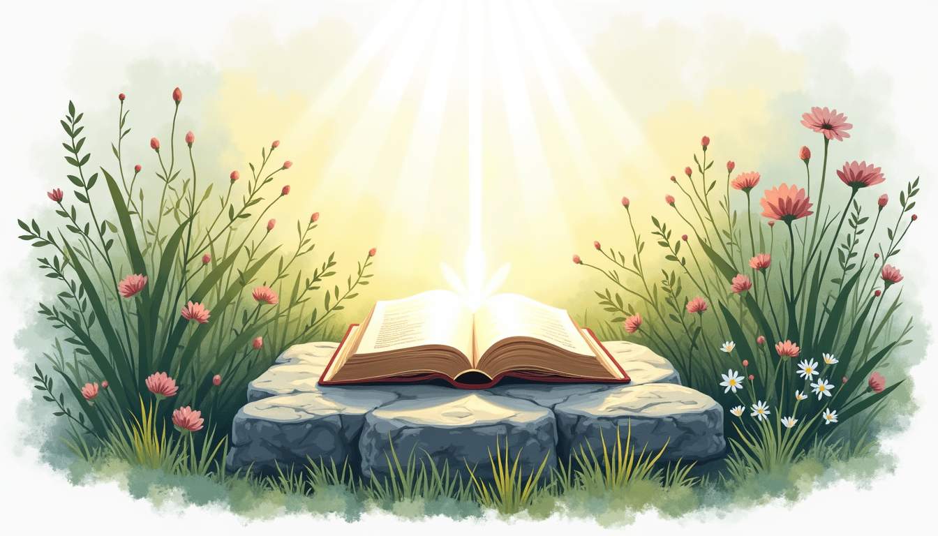 a serene landscape featuring a glowing, ethereal light emanating from an open book resting on a stone altar, surrounded by lush greenery and delicate flowers, symbolizing the connection between nature and the divine power of prayer, hand-drawn abstract illustration for a company blog, white background, professional, minimalist, clean lines, faded colors