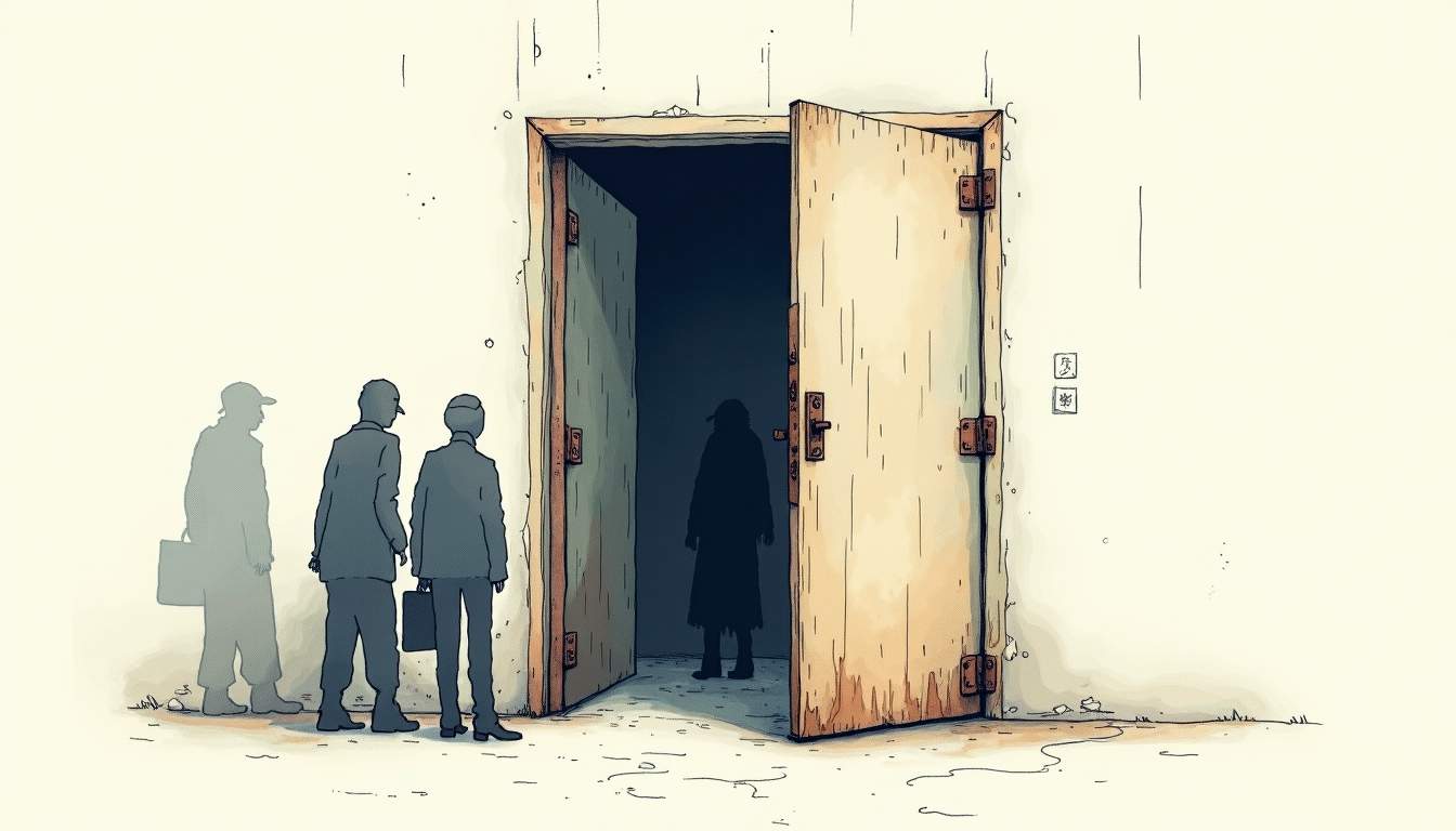 a close-up view of a stubborn door with visible signs of wear and tear, such as rusted hinges and a slightly ajar position, surrounded by shadowy, ominous figures in the background to suggest a security threat, hand-drawn abstract illustration for a company blog, white background, professional, minimalist, clean lines, faded colors