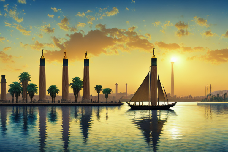 the ancient Luxor temple with its majestic columns and statues, set against the backdrop of the Nile River, with a traditional felucca boat floating by, and the setting sun casting a golden hue over the scene, hand-drawn abstract illustration for a company blog, in style of corporate memphis, faded colors, white background, professional, minimalist, clean lines