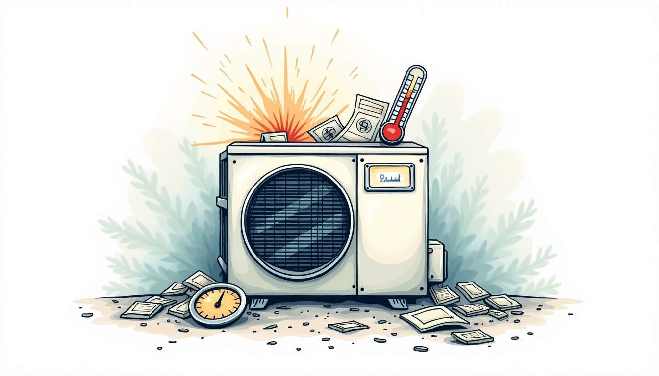 a neglected air-conditioning unit surrounded by dust and debris, with visual elements like rising energy bills and a thermometer showing high temperatures, to emphasize the hidden costs of neglect, hand-drawn abstract illustration for a company blog, white background, professional, minimalist, clean lines, faded colors