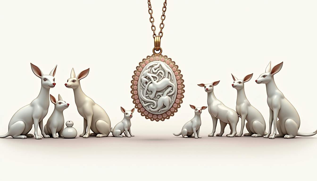 an elegant porcelain jewelry piece featuring intricate animal motifs, surrounded by a variety of delicate porcelain figurines depicting different animals, all set against a soft, textured background that enhances the charm and allure of the porcelain art, hand-drawn abstract illustration for a company blog, white background, professional, minimalist, clean lines, faded colors