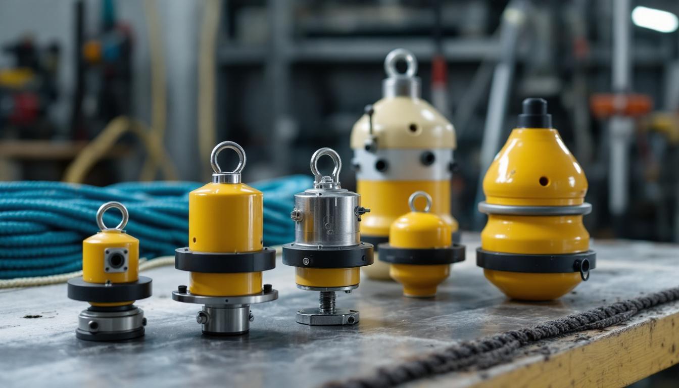 A set of yellow and stainless-steel mooring buoys and buoyancy modules displayed on a workshop table, showing various sizes and attachment fittings used in marine mooring systems.