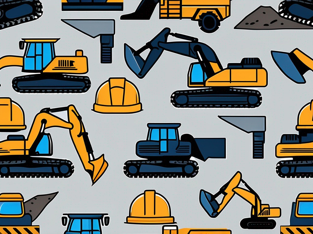 various excavation tools such as shovels, pickaxes, and hard hats, against the backdrop of a construction site with large piles of earth and machinery like excavators and dump trucks, hand-drawn abstract illustration for a company blog, white background, professional, minimalist, clean lines, light navy blue and gray