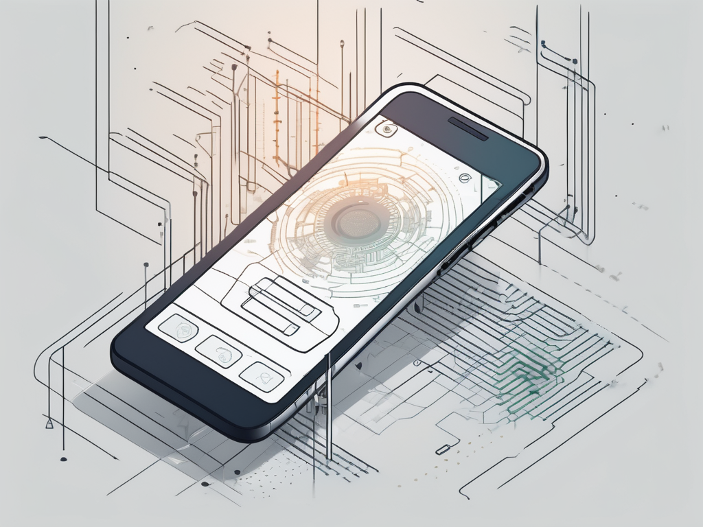 a smartphone displaying a complex code being transformed into a simple, user-friendly interface, symbolizing the AI-powered conversion process, hand-drawn abstract illustration for a company blog, white background, professional, minimalist, clean lines, faded colors