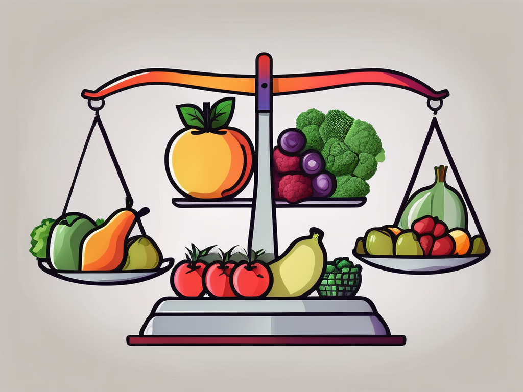 a balanced diet represented by a variety of colorful fruits and vegetables on a scale, symbolizing weight loss management and healthy eating, hand-drawn abstract illustration for a company blog, white background, professional, minimalist, clean lines, faded colors