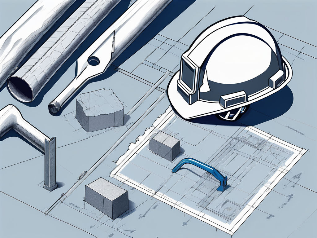 various excavation tools like a shovel, pickaxe, and helmet placed next to a blueprint of a construction site, hand-drawn abstract illustration for a company blog, white background, professional, minimalist, clean lines, light navy blue and gray