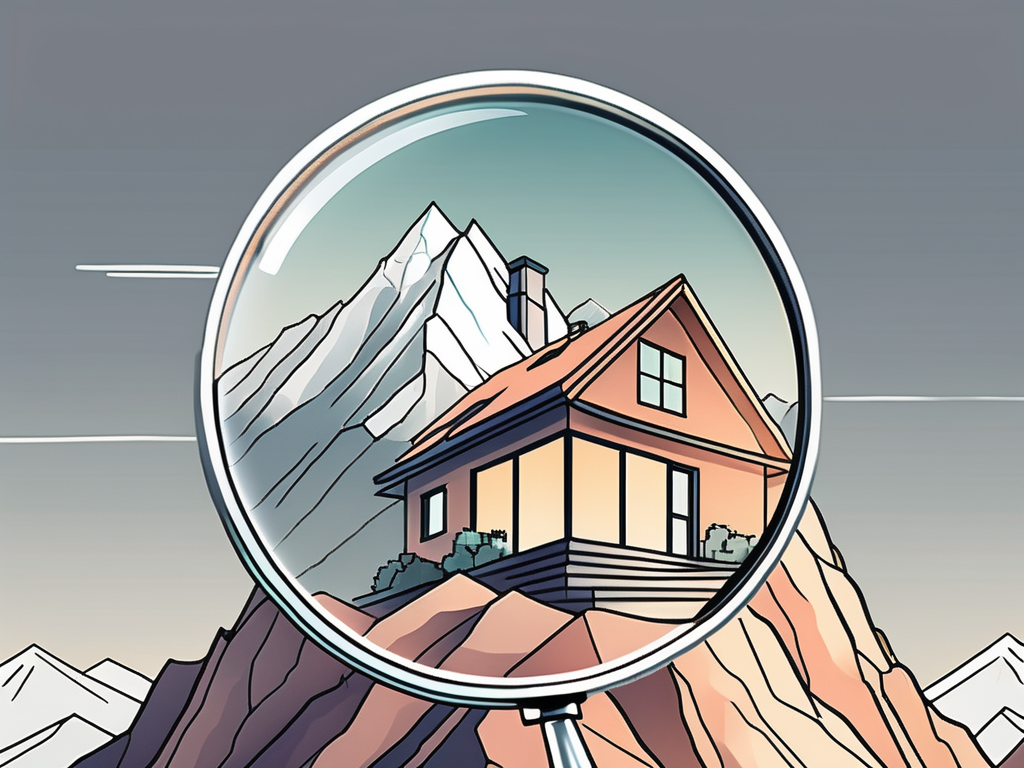 a house atop a mountain peak, with a magnifying glass hovering over it, symbolizing the high visibility and search optimization on Zillow, hand-drawn abstract illustration for a company blog, white background, professional, minimalist, clean lines, faded colors