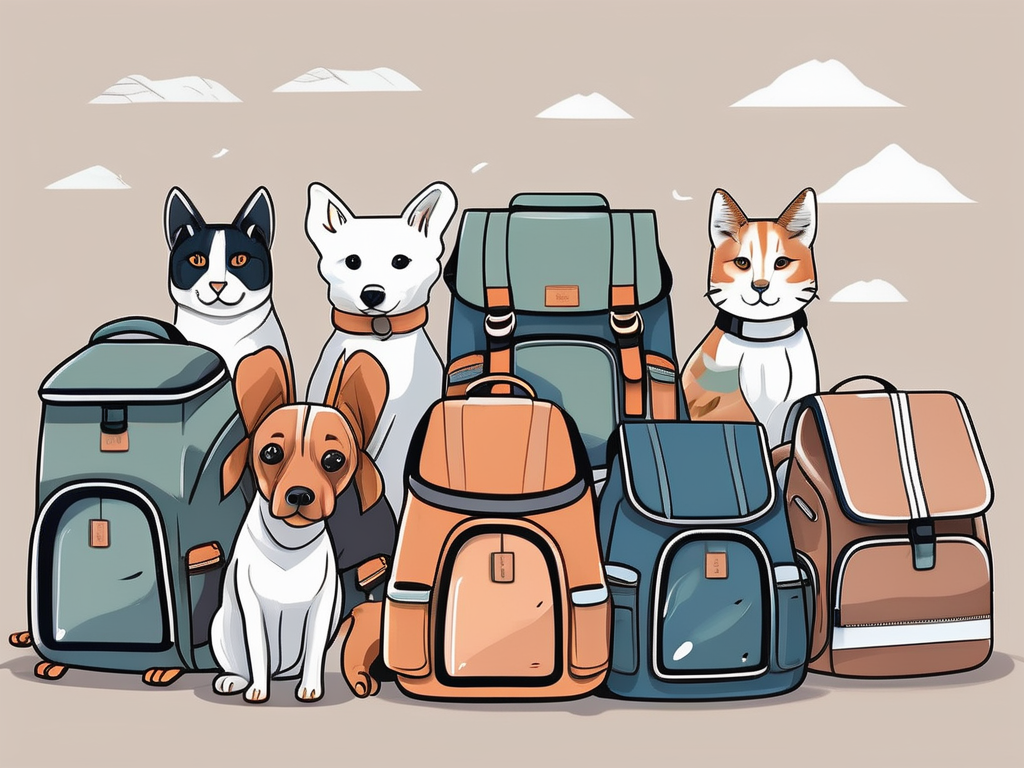 a variety of pet backpacks, each designed for different types of pets like a cat, dog, and bird, all placed in a scenic outdoor setting, hand-drawn abstract illustration for a company blog, white background, professional, minimalist, clean lines, faded colors