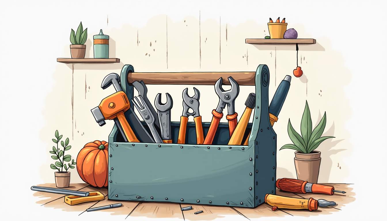 a well-organized toolbox filled with various handyman tools like a wrench, screwdriver, hammer, and pliers, set against a backdrop of a cozy home environment showcasing minor repair tasks like fixing a leaky faucet or hanging shelves, hand-drawn abstract illustration for a company blog, white background, professional, minimalist, clean lines, faded colors