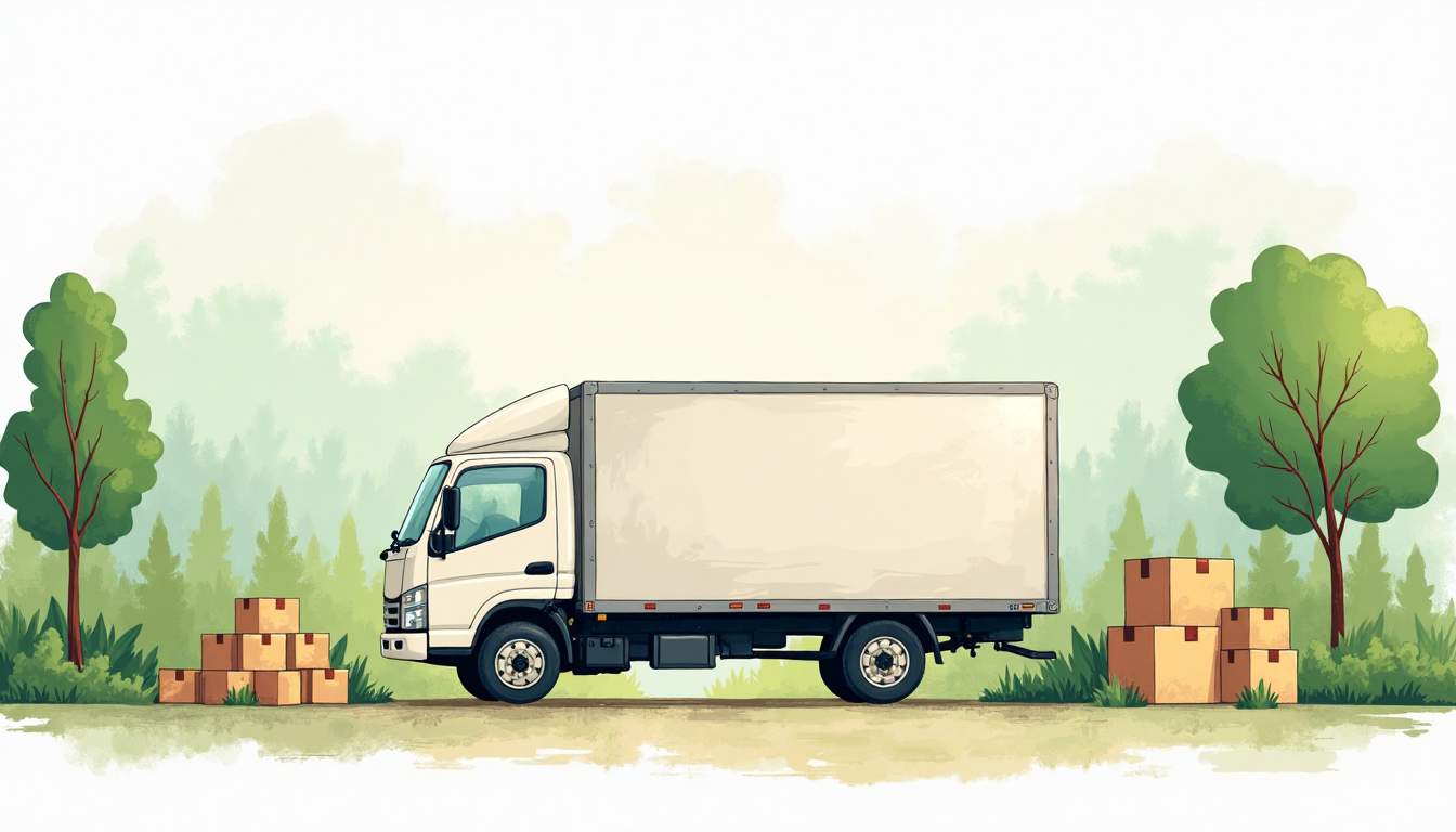a serene moving scene featuring a well-organized truck surrounded by neatly packed boxes and a lush green landscape, symbolizing a smooth and stress-free moving experience, hand-drawn abstract illustration for a company blog, white background, professional, minimalist, clean lines, faded colors
