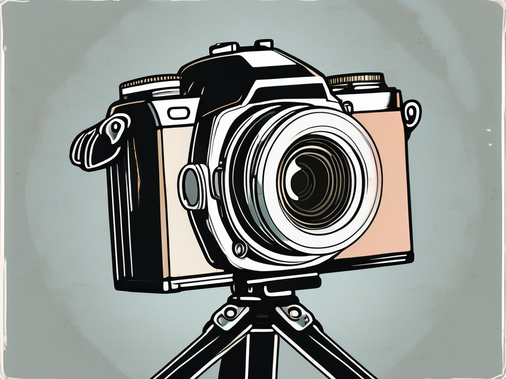 a camera on a tripod focusing on a unique object, such as a rare flower or vintage item, symbolizing niche photography, hand-drawn abstract illustration for a company blog, white background, professional, minimalist, clean lines, faded colors