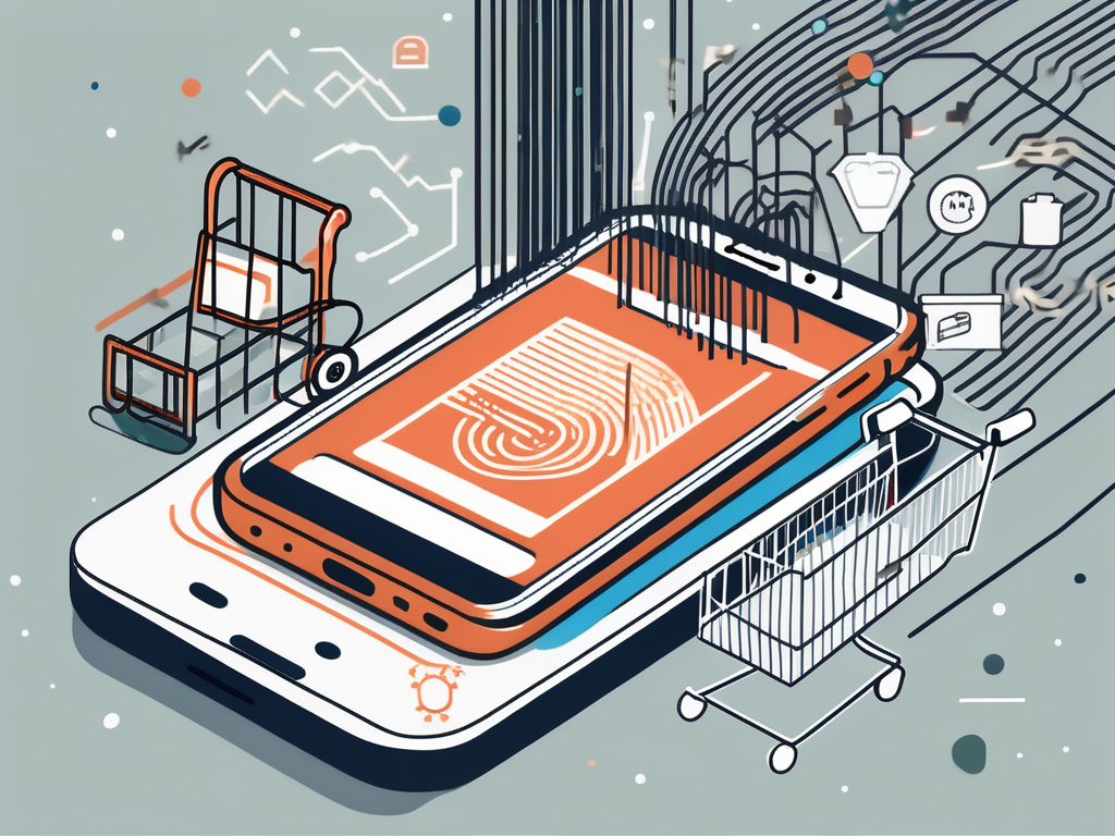 a smartphone with a sound wave emanating from it, surrounded by various e-commerce related symbols like a shopping cart, barcode, and credit card, all being absorbed into a microphone, hand-drawn abstract illustration for a company blog, white background, professional, minimalist, clean lines, faded colors