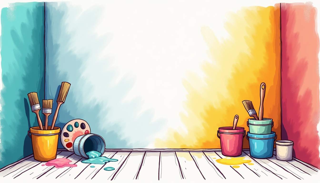an inviting interior space showcasing freshly painted walls in vibrant colors, with paintbrushes, paint cans, and a color palette arranged aesthetically, highlighting the transformation and rejuvenation of the environment, hand-drawn abstract illustration for a company blog, white background, professional, minimalist, clean lines, faded colors