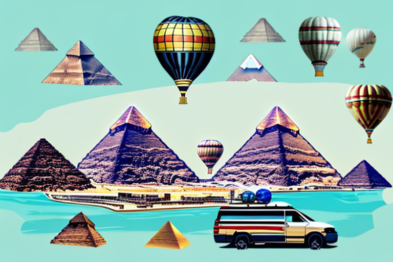 a variety of iconic Egyptian landmarks such as the Pyramids of Giza, the Sphinx, the Nile River, and a hot air balloon, all placed inside a suitcase to symbolize a tour package, hand-drawn abstract illustration for a company blog, in style of corporate memphis, faded colors, white background, professional, minimalist, clean lines