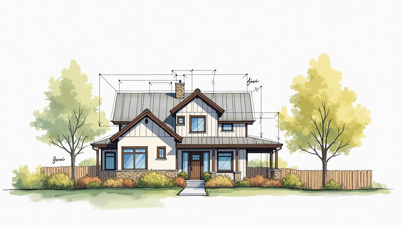 an architectural blueprint featuring a house design with clear annotations and symbols indicating different planning permissions, surrounded by elements like trees, fences, and a simple landscape to convey a sense of a completed project, hand-drawn abstract illustration for a company blog, white background, professional, minimalist, clean lines, faded colors