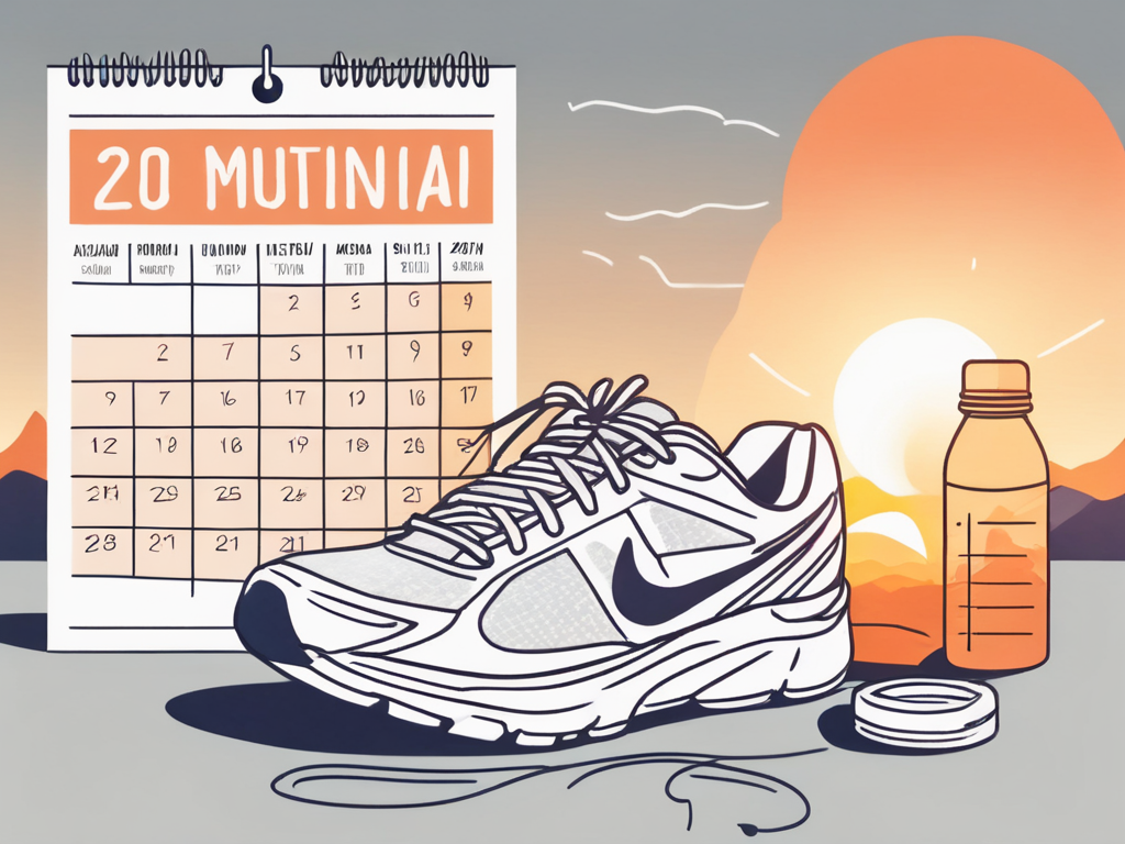 a pair of running shoes next to a calendar with marked dates, a water bottle, and a sunrise in the background, symbolizing regular exercise and motivation, hand-drawn abstract illustration for a company blog, white background, professional, minimalist, clean lines, faded colors