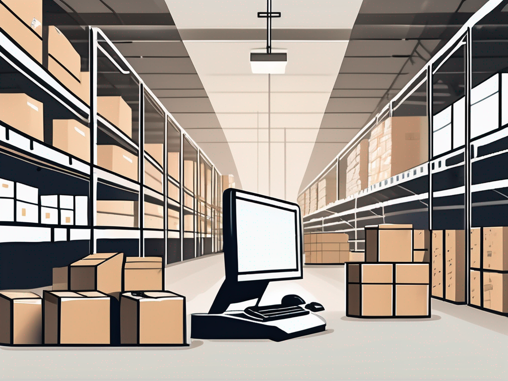 a warehouse with neatly organized rows of boxes, a barcode scanner, and a computer screen displaying a digital inventory management system, hand-drawn abstract illustration for a company blog, white background, professional, minimalist, clean lines, faded colors