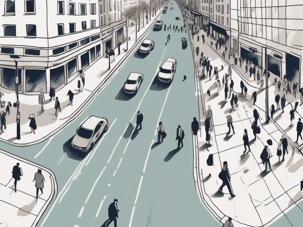 a bustling city street from a bird's eye view, highlighting the anonymity of pedestrians, with a camera lens subtly superimposed over the scene to represent the perspective of a street photographer, hand-drawn abstract illustration for a company blog, white background, professional, minimalist, clean lines, faded colors
