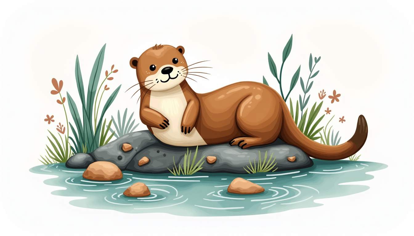 a whimsical river otter playfully interacting with handcrafted jewelry pieces, surrounded by natural elements like water, stones, and lush greenery to evoke a sense of charm and creativity, hand-drawn abstract illustration for a company blog, white background, professional, minimalist, clean lines, faded colors