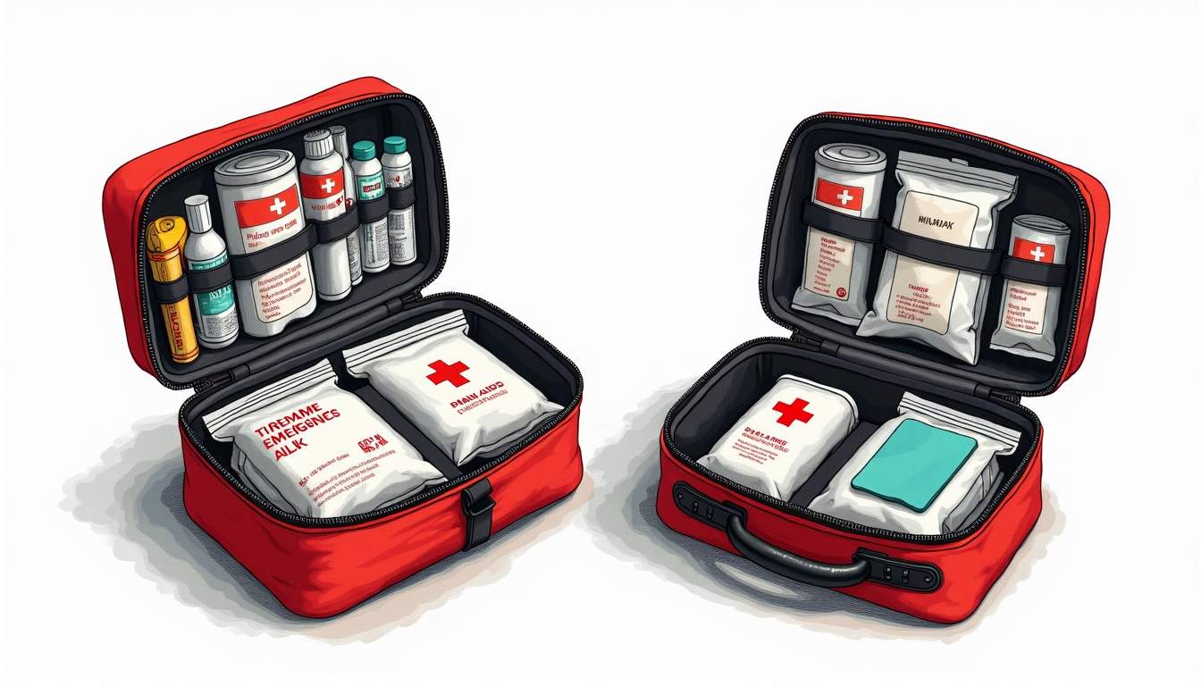 an open tactical IFAK (Individual First Aid Kit) showcasing its specialized contents, such as trauma dressings, tourniquets, and hemostatic agents, alongside a standard emergency kit filled with basic supplies like band-aids and antiseptic wipes, highlighting the differences in complexity and purpose between the two, hand-drawn abstract illustration for a company blog, white background, professional, minimalist, clean lines, faded colors